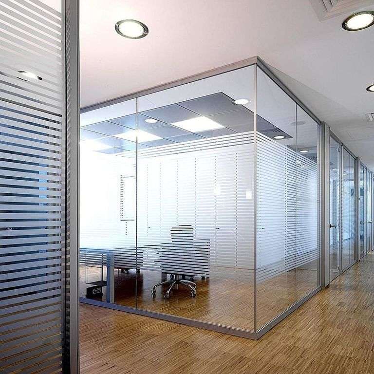 a glass wall in an office